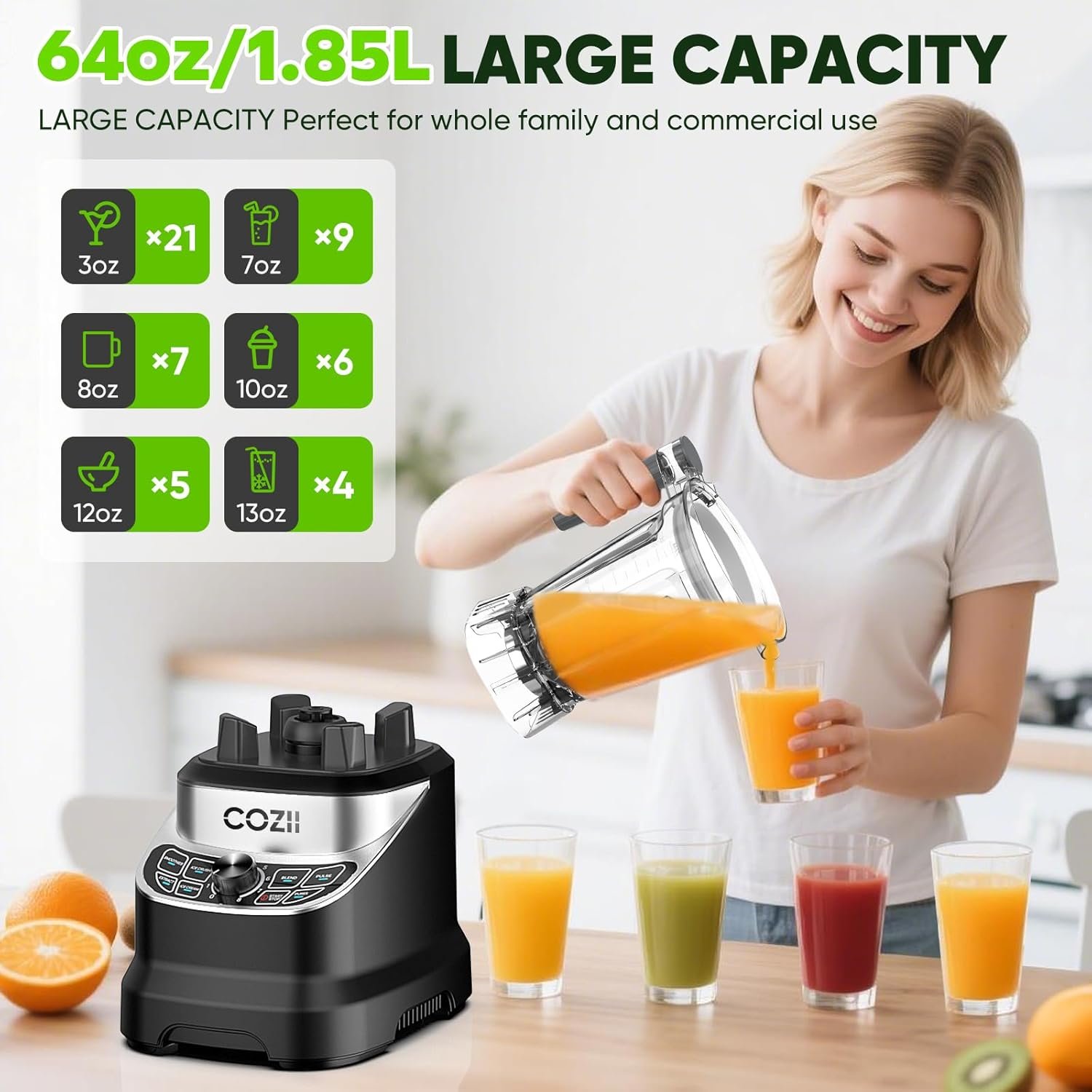 Professional Blender 2000W, Smoothie Countertop Blenders for Kitchen,7 Preset Programs for Ice Crush/Frozen Drinks/Dips/Nut Butter, High Speed, Dishwasher Safe, Black - Image 4
