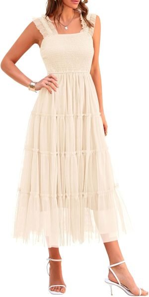 PRETTYGARDEN Women’s Summer Tulle Midi Dress Sleeveless Smocked Ruffle Flowy Mesh Dr...