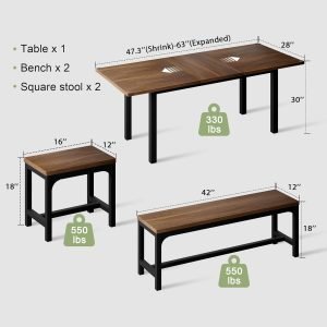 Feonase 5-Piece Dining Table Set for 4-8 People, 63″ Extendable Kitchen Table with 2 Benches and 2 Square Stools, Mid-Century Modern Wooden Dining Room Table, Space-Saving, Walnut