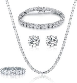 Gemsme 18K White Gold Plated Tennis Necklace/Bracelet/Earrings/Band Ring Sets Hypoallergenic Jewelry Pack of 4