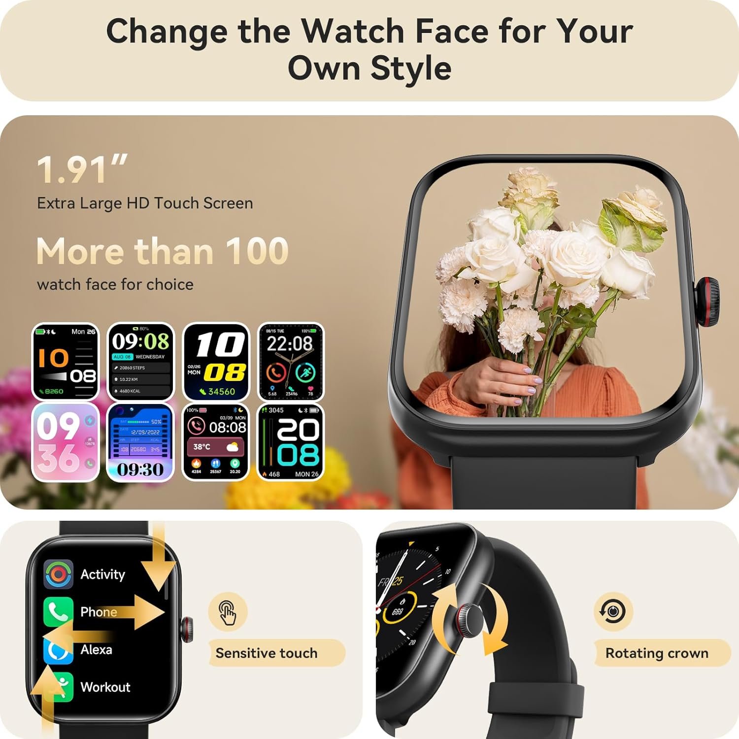 Smart Watch for Women Men, Smartwatch for iPhone & Android Bluetooth (Answer/Call) Built-in Alexa, 1.91" HD Fitness Tracker with 105+ Sport Modes, IP68 Waterproof, Sleep/Heart Rate/SpO2/Stress Monitor - Image 6