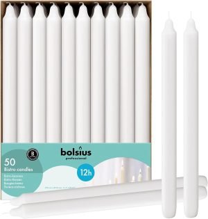 BOLSIUS White Candlesticks Bulk Pack 50 Count – Unscented Dripless 11.5 Inch Household & Dinner Candle Set – 12+ Burn Hours – Premium European Quality – Consistent Smokeless Flame – 100% Cotton Wick