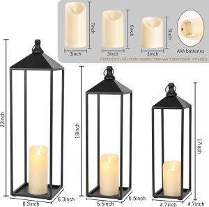 22” 19” 17” Lanterns Decorative Outdoor Indoor, Set of 3 Black Metal Candle Lanterns Halloween Lanterns Modern Farmhouse Floor Lantern Decor for Room, Porch, Mantle, Patio, Garden