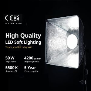RALENO Softbox Photography Lighting Kit, 16” x 16” Softbox Lighting for TikTok with LED Bulb (50W | 5500K | 97 CRI | TLCI≥97), Continuous Light for Video Recording & Photography Shooting