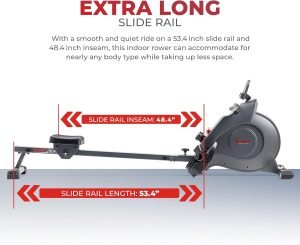 Sunny Health & Fitness Flip & Foldable Rowing Machine for Home w/Extended Slide Rail, Full-Body Workout, Low-Impact, Optional Extra Long Rail, Quiet Rail Cover, Water Motion and Free SunnyFit App