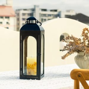 Bdor 2 Pack Luxury Black Metal Lanterns – 16″ Tall Modern Hurricane Candle Lanterns with Tempered Glass Panels for Front Porch, Tabletop, Mantel, Wall Hanging, Garden, Indoor & Outdoor Décor