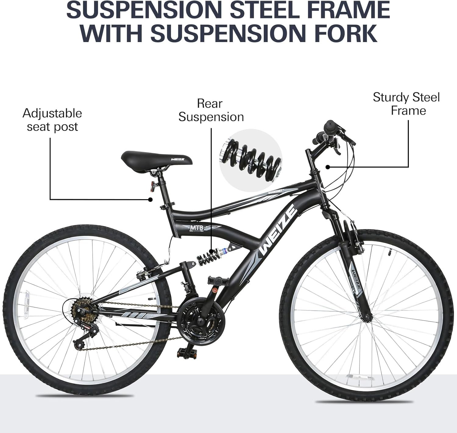 WEIZE Mountain Bike, 26/27.5 inch Outdoor Cycling Bike,18-Speed/High-Carbon Steel/Dual Full Suspension, Adjustable Ergonomic Seat for Men Women Adult, MTB Bicycle with Suspension Fork,Sleek Colors - Image 4