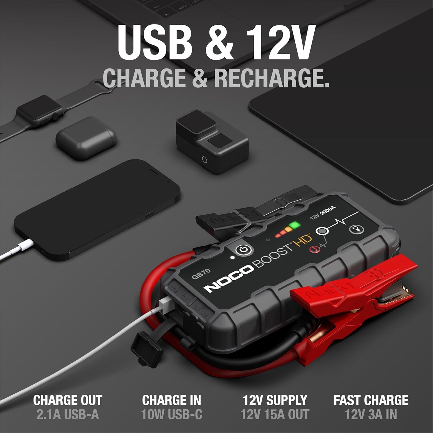 NOCO Boost GB70: 2000A UltraSafe Jump Starter – 12V Lithium Battery Booster Pack, Portable Jump Box, Power Bank & Jumper Cables - for 8.0L Gas and 6.0L Diesel Engines - Image 4