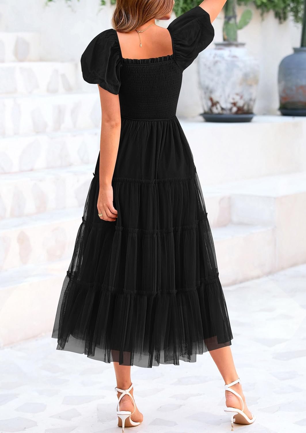 PRETTYGARDEN Women's Smocked Midi Tulle Dress 2025 Summer Puffy Short Sleeve Square Neck Ruffle Wedding Guest Party Dresses - Image 2