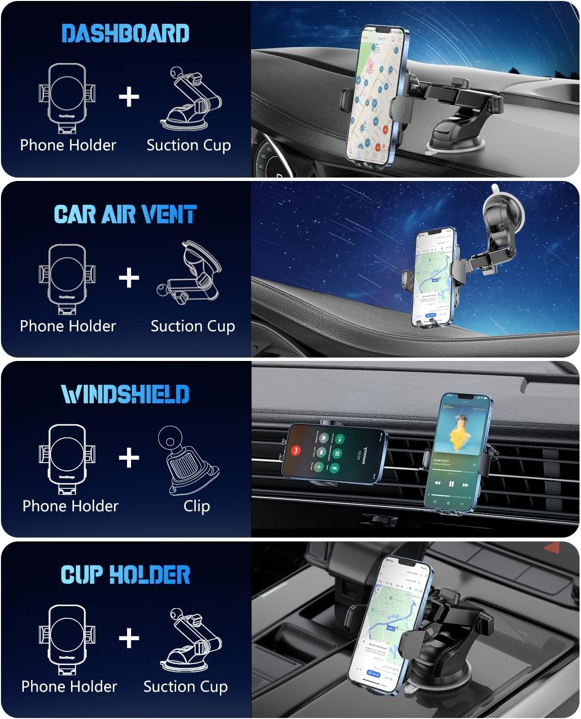 Wireless Car Charger, Fast Charging Phone Holder 3 in 1 Phone Mount Auto Clamping Car Accessories Compatible with iPhone 17 16 15 14 13 12 11 Xs XR, Samsung S23 Ultra S22 S21 S20(Deep Space Black) - Image 3