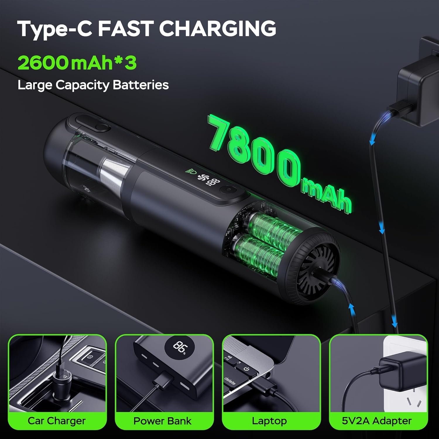 Portable Car Vacuum Cordless, 18000Pa 4-in-1 Suction Power Mini Vacuum Cleaner, 120W Brushless Motor Handheld Vacuum Cordless Rechargeable, 7800mAh Battery, LED Light, Multi-Nozzle for Car, Home, Pet - Image 5