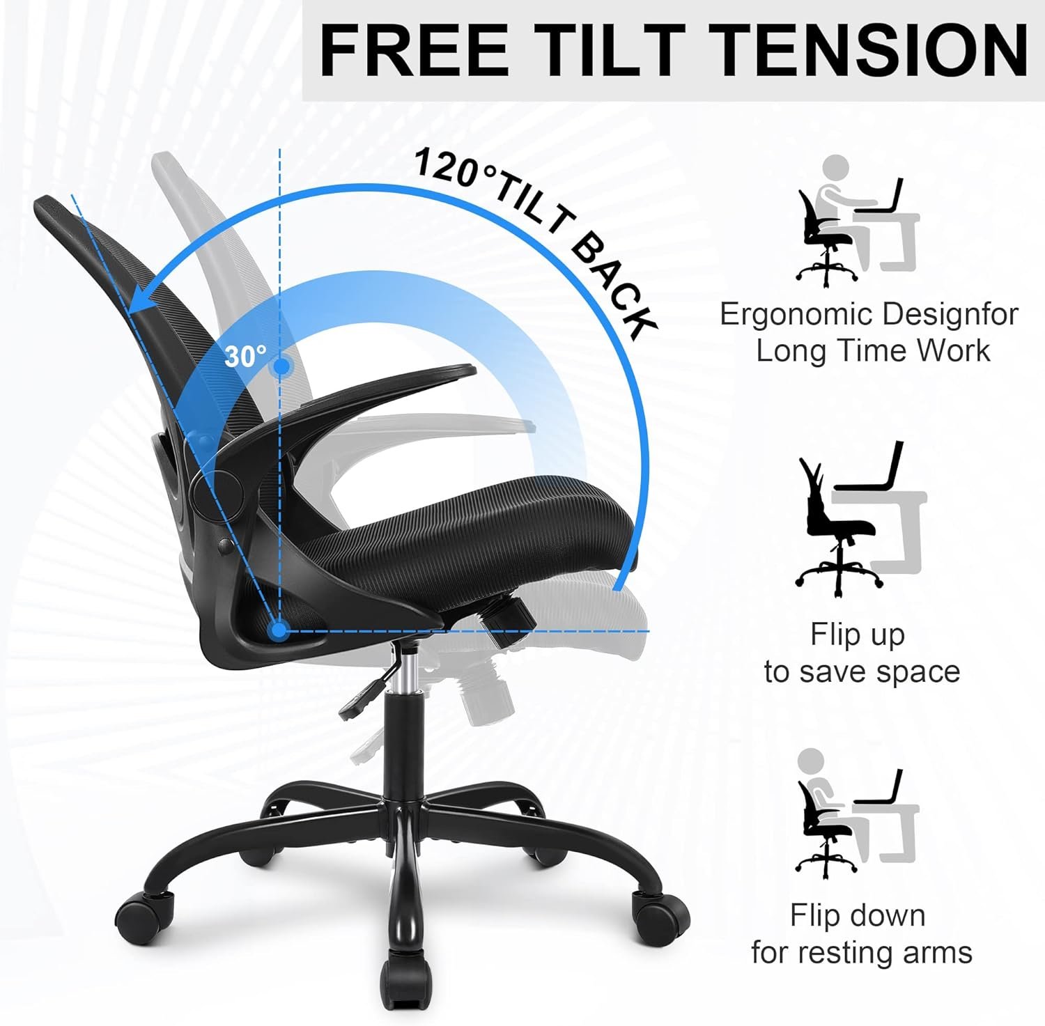 Primy Office Chair Ergonomic Desk Chair with Flip up Armrests Swivel Breathable Desk Mesh Computer Chair with Adjustable Lumbar Support and Height for Conference Room (Black) - Image 6