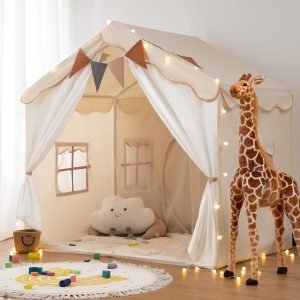 Besrey Kids Play Tent 2 in 1 with Padded Mat and Lights, Large Kids Playhouse with 2 Doors & 4 Windows, Indoor & Outdoor, Christmas Toddler Tent, 51″ x35″ x 51″