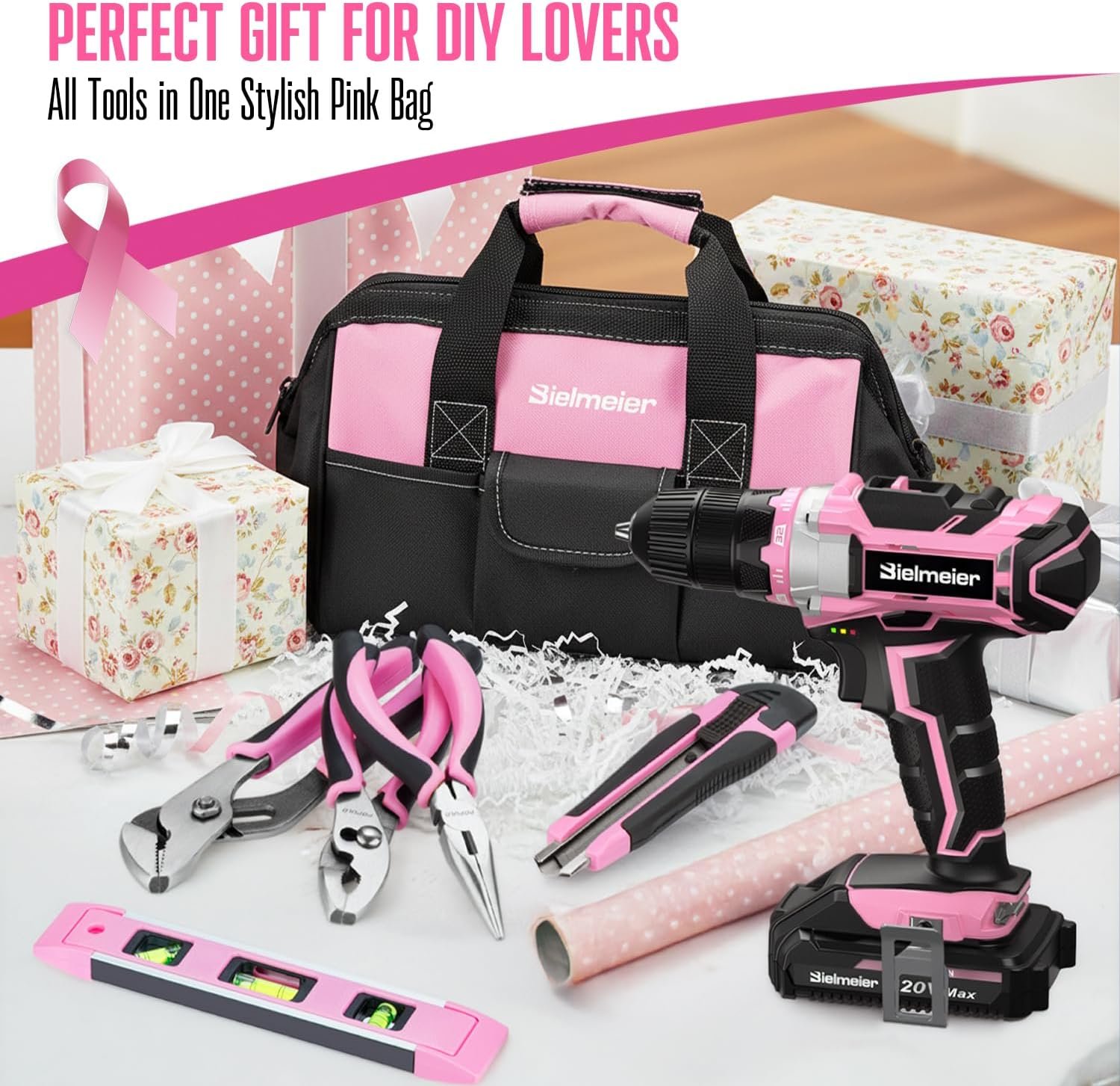 Bielmeier 20V 236Pcs Cordless Pink Drill Set for Women, Lady’s Essential Home Tool Kit with Pink Bag, Perfect DIY Electric Screwdriver Set for Home Repair & Gifts - Image 6