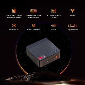 BOSGAME P4 Mini PC, Mini Desktop Computer with AMD Ryzen 7 5825U (up to 4.5GHz), 32GB DDR4, 1TB PCIe SSD, Dual LAN 2.5G & Wi-Fi 6E & BT5.2, 4K Triple Display, for Home, Office, Gaming, Design