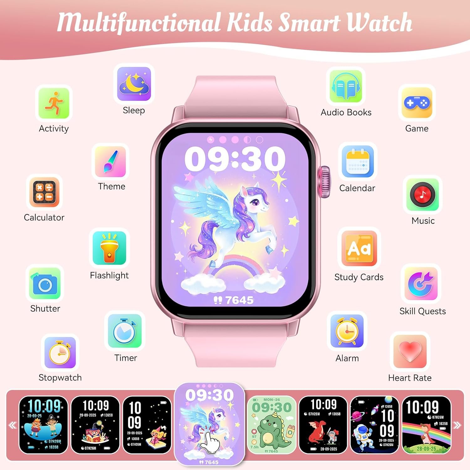 Smart Watch for Kids, 12 Puzzle Games HD Touch Screen Watches, Step Counter, Heart Rate and Sleep Monitor, Flashlight, Music Player,12/24 hr Educational Toys Birthday Gifts for Girls Ages 6-12 (Pink) - Image 2