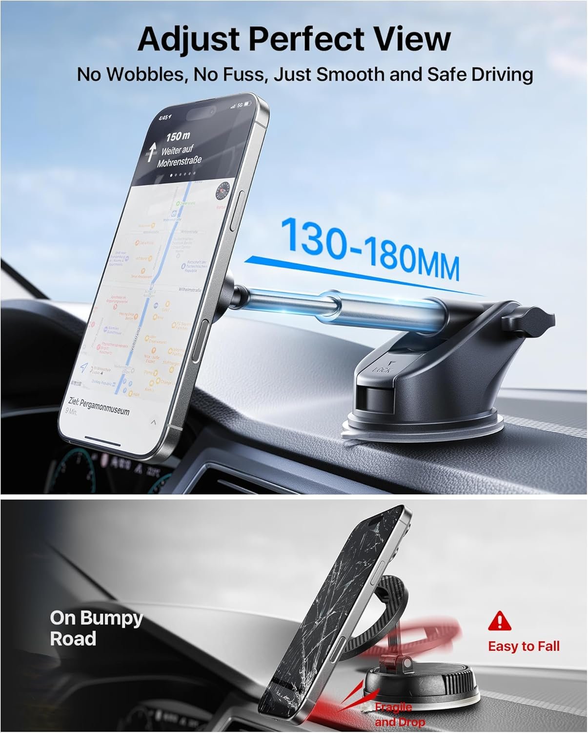 【True Military-Grade】andobil 3 in1 Magnetic Phone Holder for Car Dashboard Windshield Vent 【Upgrade Suction & Strongest Magnet】Retractable for MagSafe Car Mount for iPhone 17 16 15 14 Pro Max Sumsung - Image 3