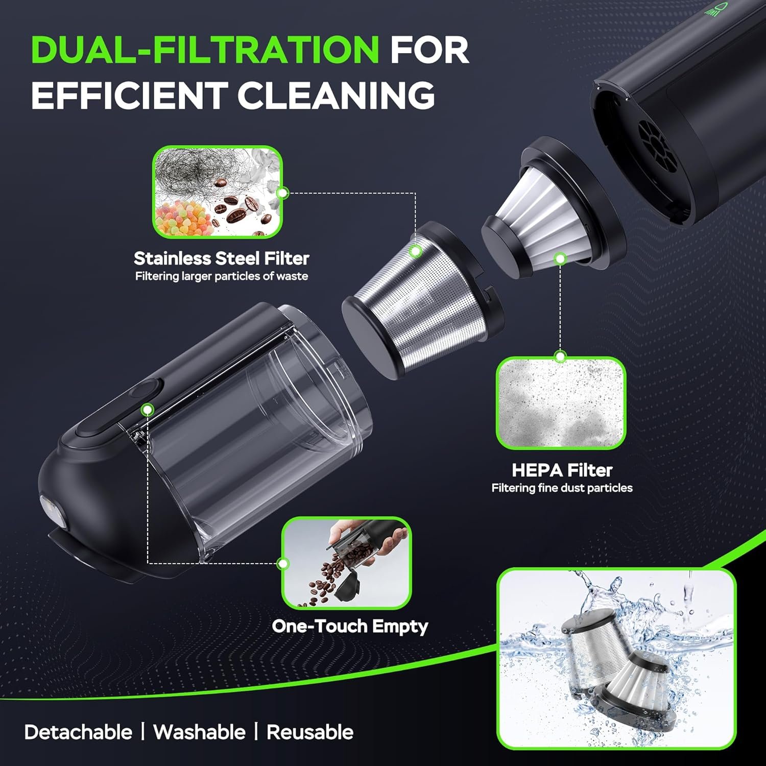 Portable Car Vacuum Cordless, 18000Pa 4-in-1 Suction Power Mini Vacuum Cleaner, 120W Brushless Motor Handheld Vacuum Cordless Rechargeable, 7800mAh Battery, LED Light, Multi-Nozzle for Car, Home, Pet - Image 3