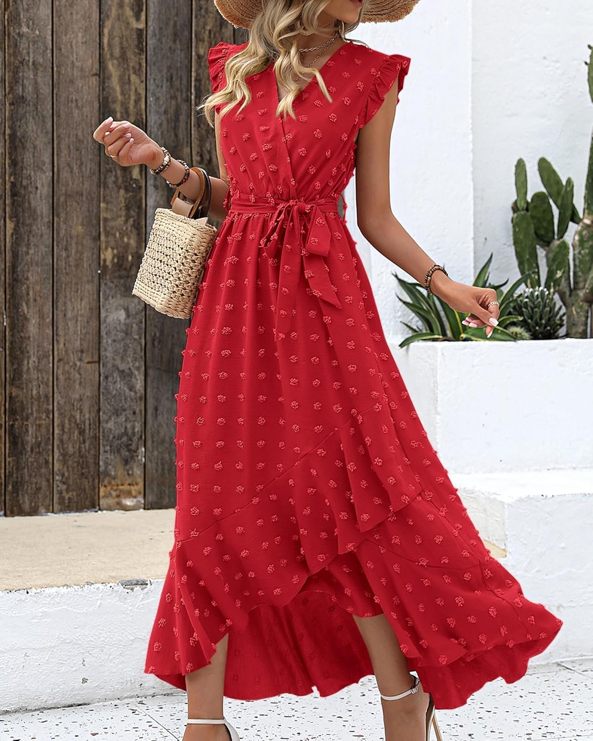 BTFBM Women V Neck Summer Dress 2025 Cap Sleeve Swiss Dot Boho Flowy Ruffle Slit Beach Party Long Maxi Cocktail Dresses - Image 6