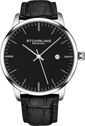 Stuhrling Original Men’s 40mm Dress Watch – Ultra-Slim Quartz Movement, Date Display, Krysterna Crystal, Black Leather Strap