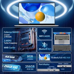 15.6 inch Laptops, Gaming Laptop with 8GB RAM 256GB SSD, Laptop Gamer, Traditional Laptops N4000, Netbook Computers Full HD 1920X1080 Display WiFi5 Mini-HDMI 180 Angle Opening for Student Business