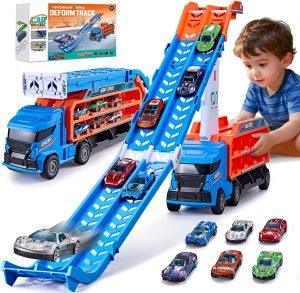 Race Track Truck Toys for 3 4 5 6 Years Old Kids – Carrier Truck Transport Car with 6 Die-Cast Cars Toys, 4-in-1 Truck with 2 Foldable Race Tracks, Christmas Birthday Gifts Toy for Toddler Boys, Blue