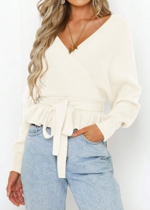 ZESICA Women’s Fall 2025 Wrap V Neck Long Batwing Sleeve Belted Waist Ruffle Knitted Sweater Pullover Top