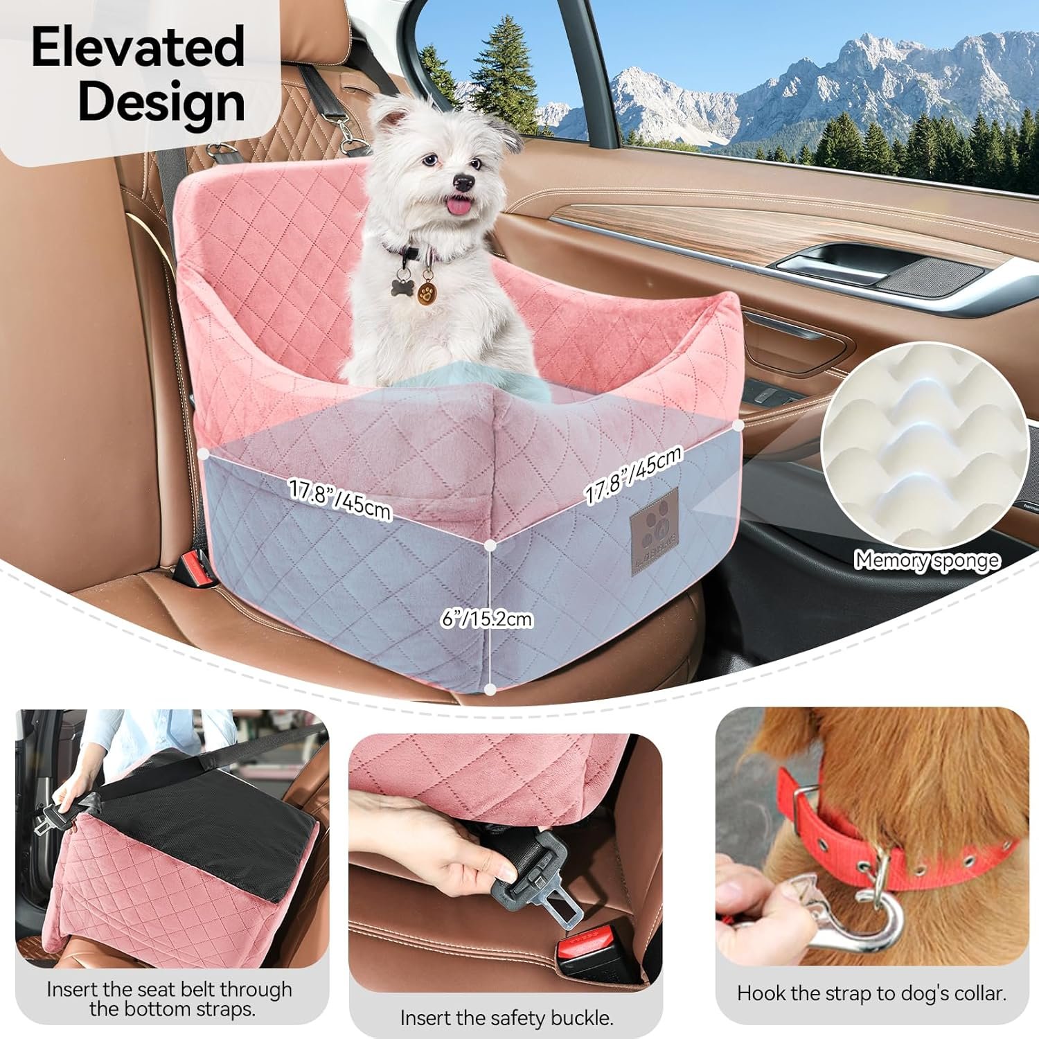 Dog Car Seat for Small/Medium Dogs, Dog Booster Car Seats with Thick Cushion for Dogs Under 35lbs, Detachable Washable Pet Bed with Storage Pockets, 2 Safety Belts (Pink) - Image 4