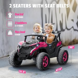 24V 2 Seater Ride on Car Truck 4x200W, EVA Tires, 4WD/2WD, Rainbow Lights, Remote Control, Shock Absorbers, Bluetooth, Ride on Toy for Big Kids Ages 3-8, Pink