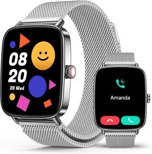 SOUYIE Smart Watch for Women Men, 1.85″ AI Voice Smartwatch, 24/7 Heart Rate Monitor, Stress/SpO2/Sleep Tracker, IP68 Waterproof, Weather, 100+ Sports Fitness Tracker for Android iOS Silver Metal