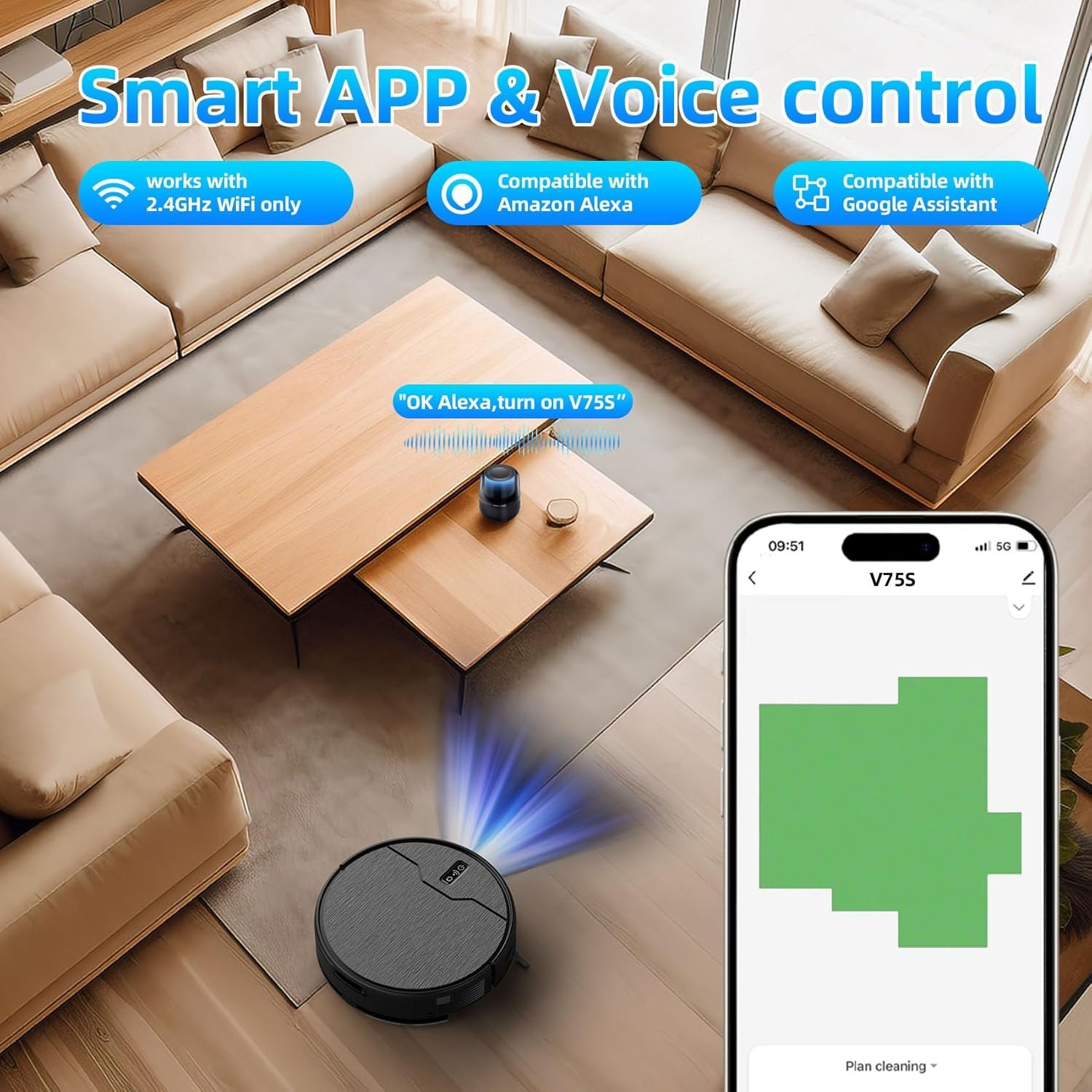 Robot Vacuum and Mop Combo, Robot Vacuum Cleaner, 6 Cleaning Modes, Large Capacity Water Tank Dustbin, Self-Charging, WiFi/App/Alexa, Ideal for Hard Floor, Carpet, Pet Hair - Image 5