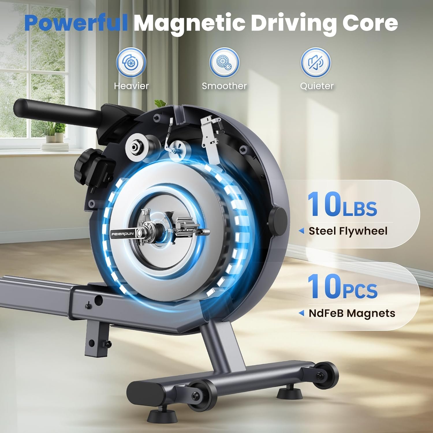FEIERDUN Rower Machine, Compact Rowing Machines for Home with 350LBS Loading Capacity, Magetic Rower Machine for Home with APP, Row Machine with Dual Slide Rail - Image 2