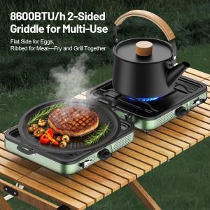 Portable Camping stove, 2 Burner Foldable Camping Stove with Griddle and Carrying Bag & Hose, 8600BTU Portable Propane Camp Stove with Ignition & 2 Adjustable Burners,for Camping Tailgating BBQ Grill