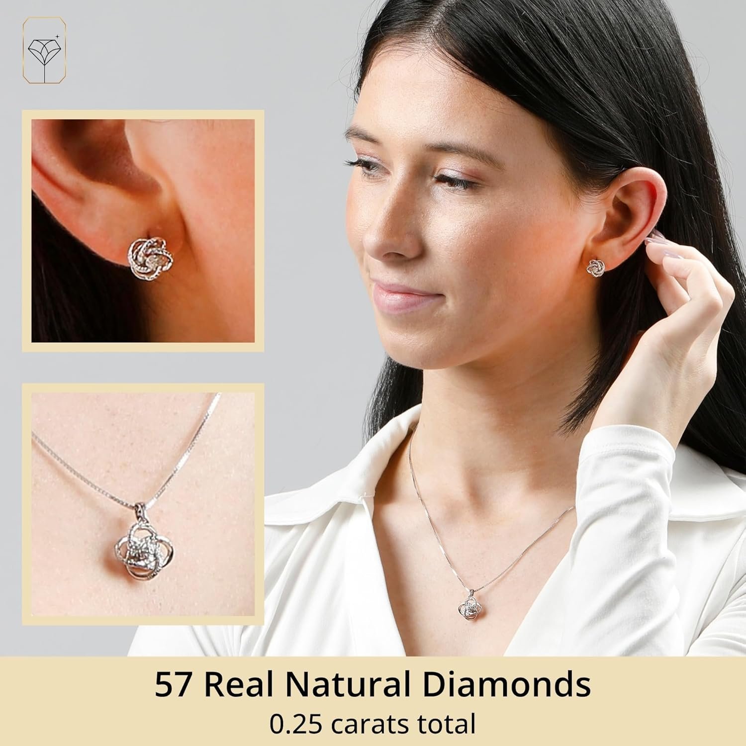 MAX + STONE 1/4 Carat Natural Diamond Love Knot Stud Earrings and Pendant Necklace for Women | Hypoallergenic 925 Sterling Silver Diamond Love Knot Jewelry Sets with 18 Inches Chain and Gift Box - Image 2