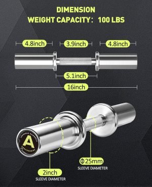 Pair of 16″ Olympic Dumbbell Handles, Loadable Dumbbell Bars for 2-inch Olympic Weight Plates Great for Home Gym Strength Training, Weight Bars with 2 Pair of Spring Collars