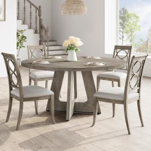 GarveeHome 47 in Round Large Dining Table Set for 4 to 6, Farmhouse Dinner Table with Wooden Top and Legs for Home Dining Room or Living Room – Grey(No Chairs)