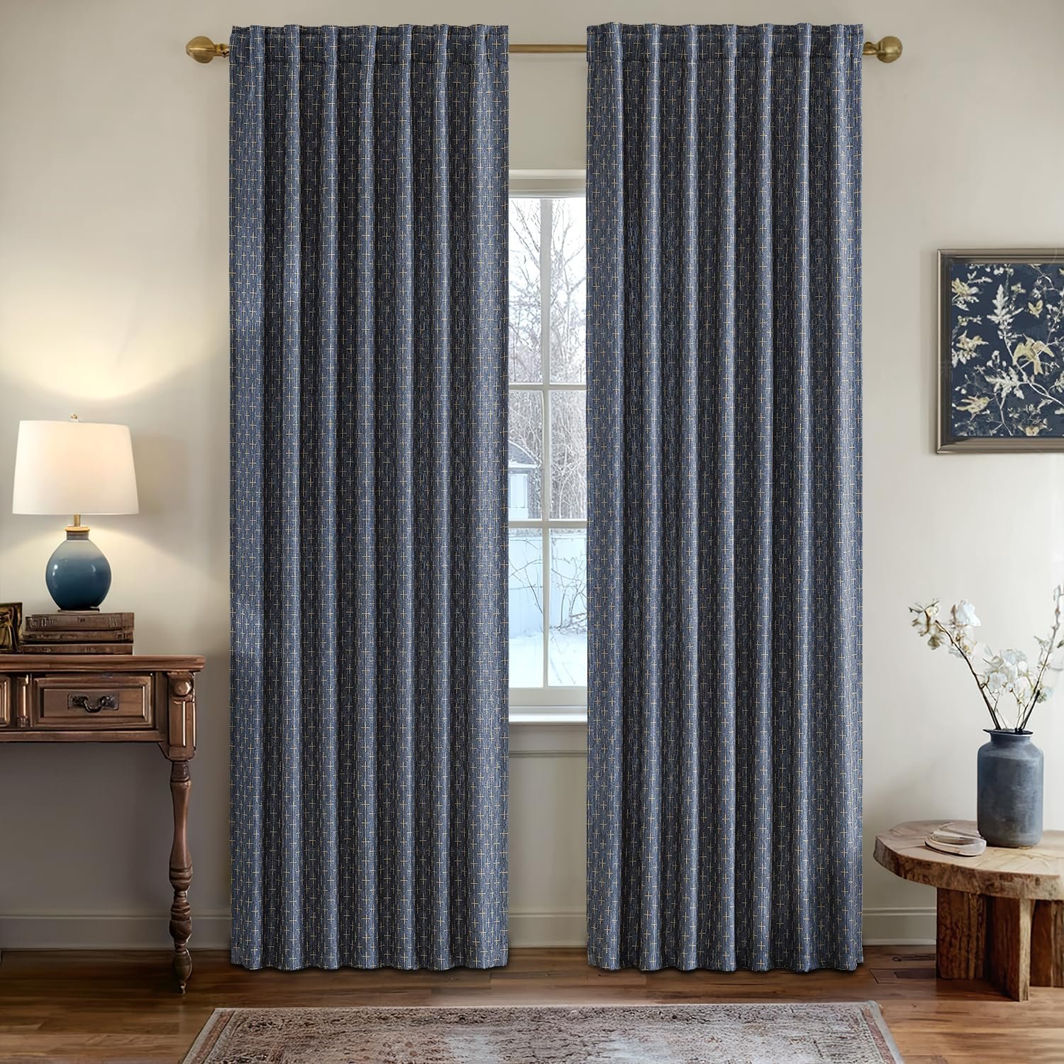 MIULEE Decorative Back Tab Linen Curtains with Geometric Pattern for Living Room Bedroom Farmhouse Rustic Thick Woven Textured Patterned Mudcloth Drapes 96 Inches Long 2 Panels Set, Blue - Image 2