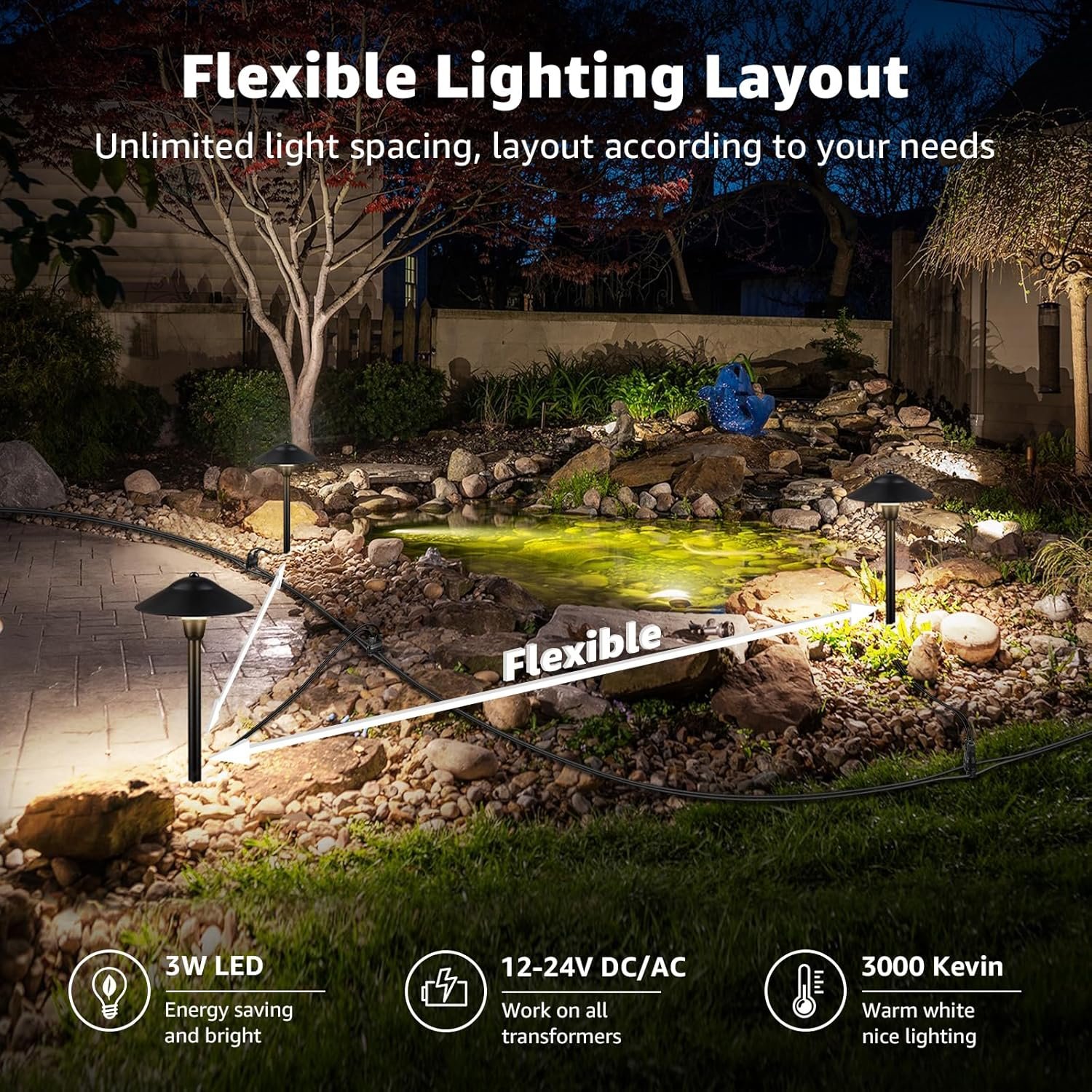 SUNVIE All-in-One LED Pathway Lighting Kit, 8-Pack Low Voltage Landscape Lights with Transformer and 100FT 16/2 AWG Wire, 3000K Waterproof Landscape Lighting with Connectors for Walkway Garden Yard - Image 4