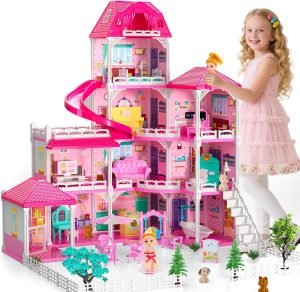 DIY Dolls House for Girls – 4-Level 10-Room Villa with 2 Dolls, 4 Dogs & Rich Accessories, DollsHouse Toys for Kids 4-8 Years Old