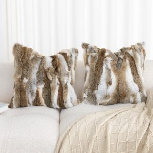 Genuine Rabbit Fur Throw Pillow Covers Set of 2, Luxury Decorative Pillowcases Soft Fluffy Animal Skin Accents Square Cushion Cover for Couch Sofa Bedroom Living Room Home,18×18 inch, Yellow White