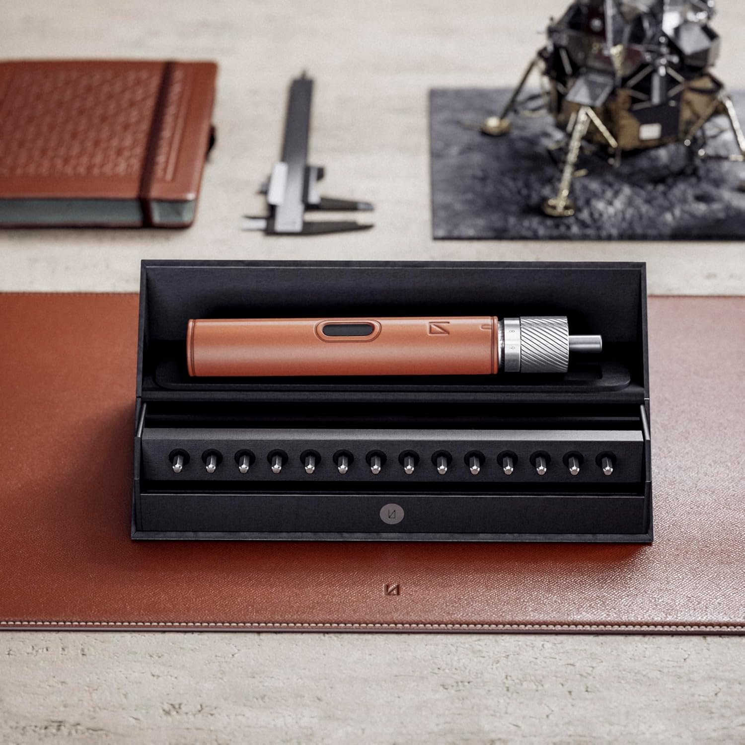 Lunar Artefacts Precision Electric Cordless Rechargeable Brown Leather and CNC Aluminum Screwdriver with 24 Magnetics Bits and Easy Storage Toolbox - Image 8