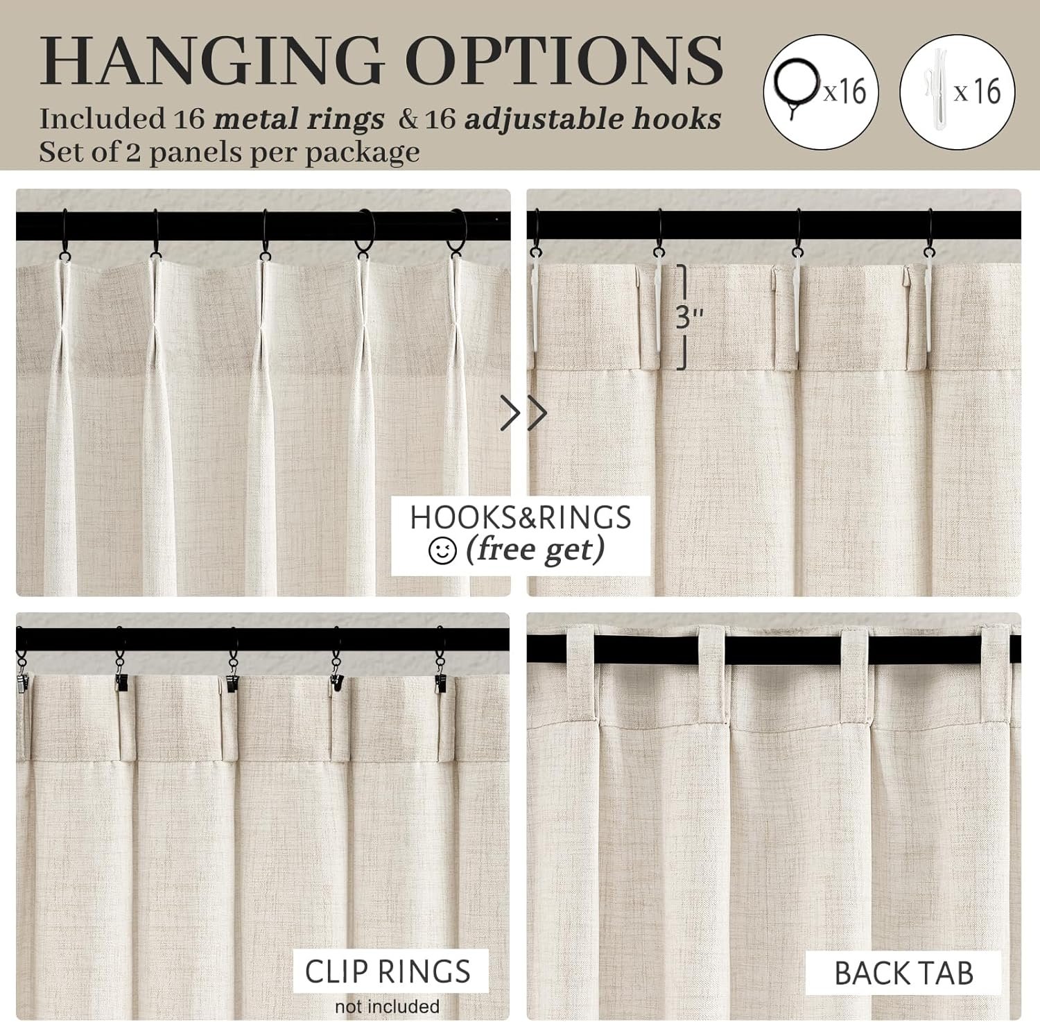 86 Inch Curtains 2 Panels Set, Elegant Farmhouse Cream Beige Thick Linen Light Filtering Sunroom Semi Sheer Curtains Back Tab for Bedroom Decor (40" W x 86" L Pinch Pleated Hooks&Rings) - Image 4