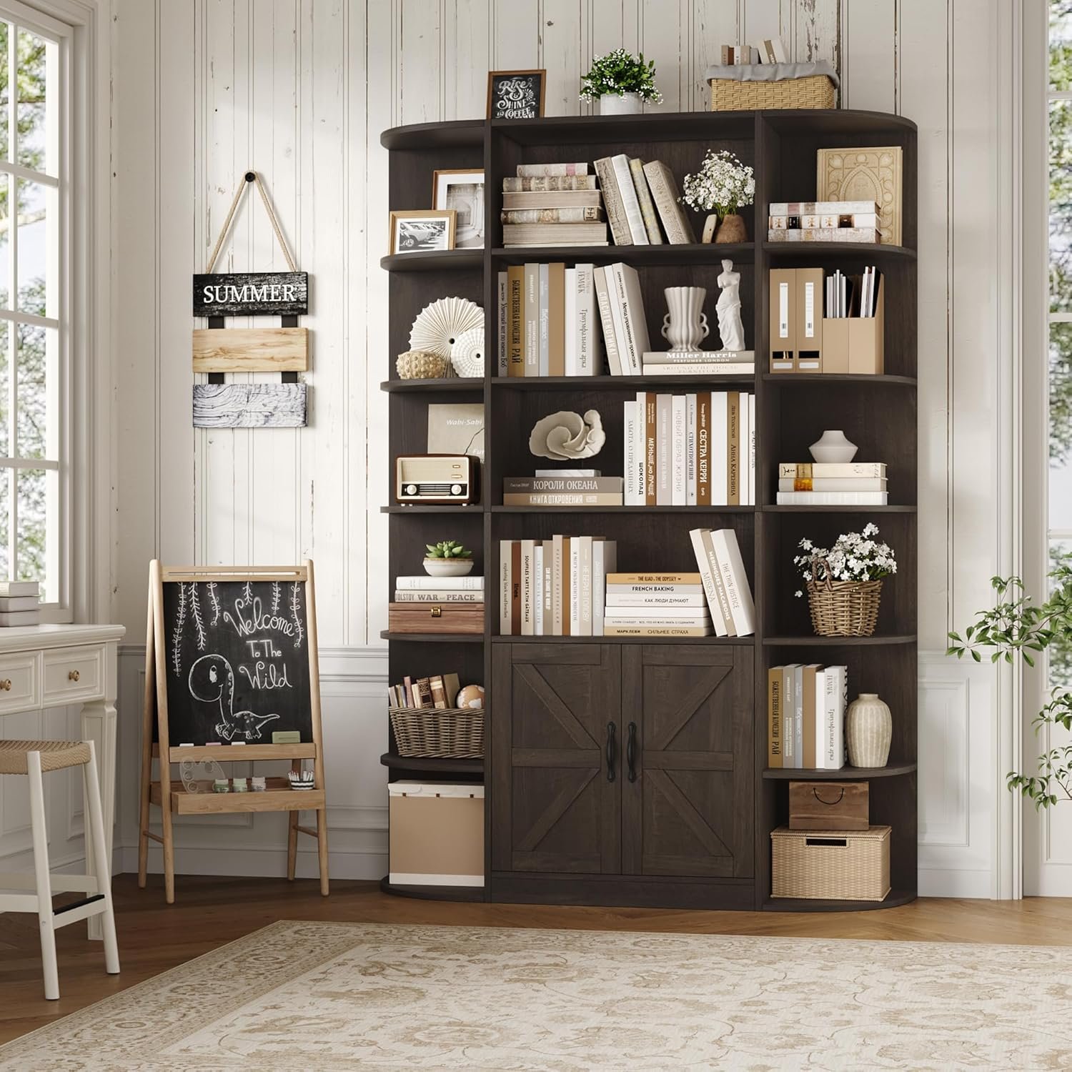 HOSTACK 75" Tall Book Shelf and Bookcase, 6 Tier Bookshelf with Storage, 47" Wide Bookcase with Doors, Freestanding Wood Display Shelves with Book Storage Cabinet for Home Office, Dark Brown - Image 4