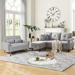 2 Piece Comfy Couch Set, 3 Seater & 2-Seater Sofa and Loveseat Set with Ottoman, Modern Sofa Sets for Living Room/Apartment/Office, Light Grey