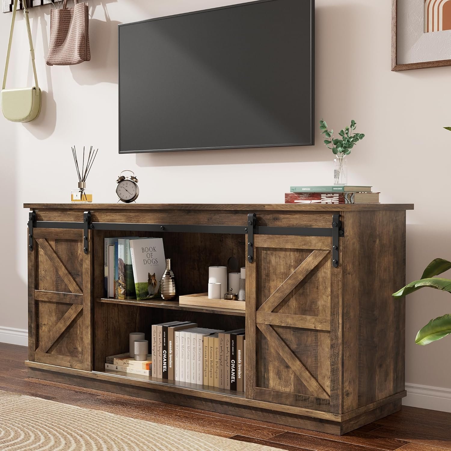 YESHOMY TV Stand for Televisions up to 65 Inches, with Sliding Barn Doors and Storage Cabinets, Console Table and Media Furniture for Living Room, 58 Inch, Barnwood - Image 2