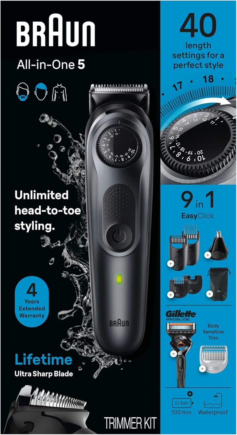 Braun All-in-One Style Kit Series 5 5470, 9-in-1 Trimmer for Men w/Beard Trimmer, Body Trimmer for Manscaping, Gillette Fusion5 ProGlide Razor, 40 Length Settings, Rechargeable Battery, Cordless - Image 9