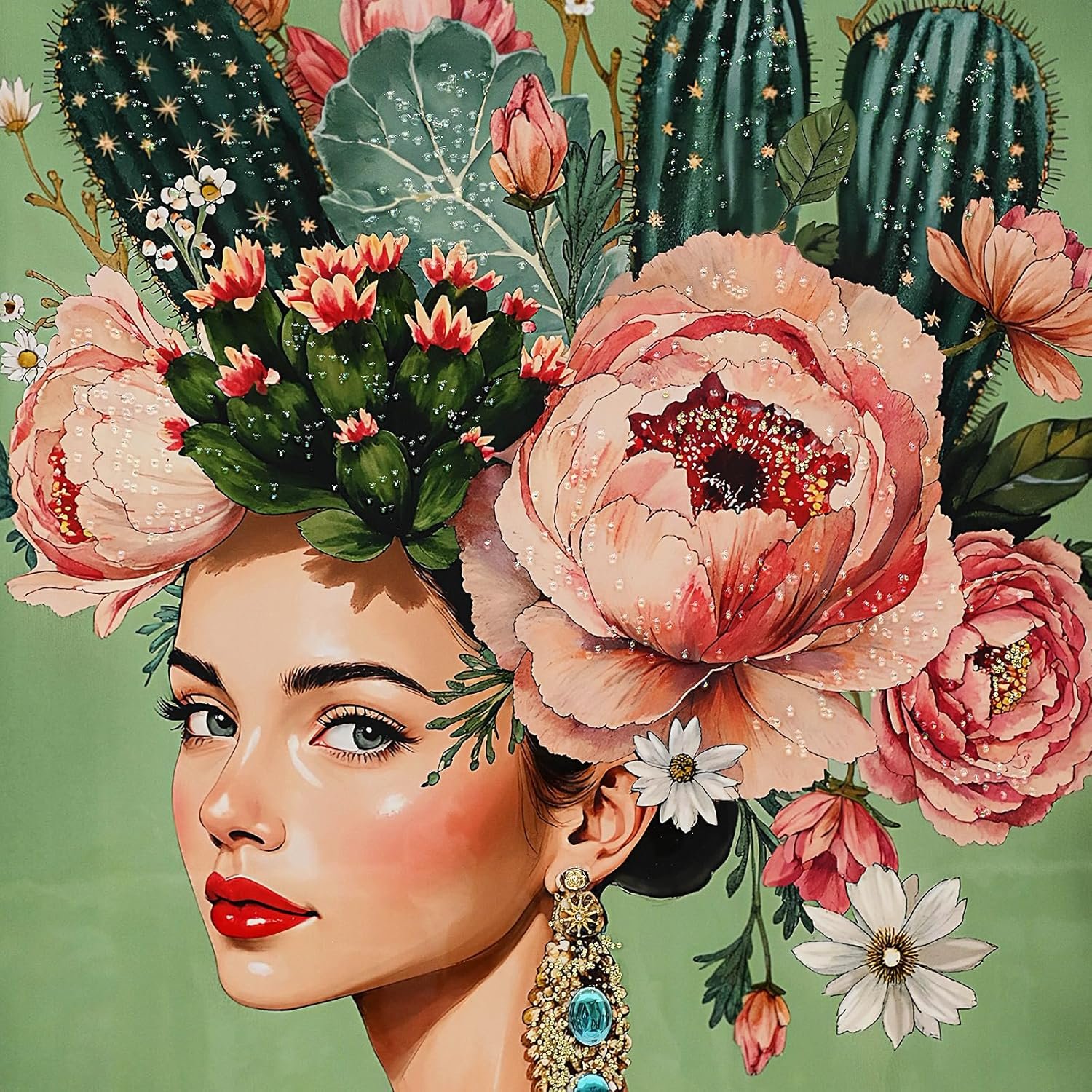 YPGEAME Large Handmade Portrait Wall Picture Woman with Cactus Headdress, Emerald Green Background, Floral Bohemian Decoration, Wooden Framed Painting for Living Room (80 × 120 cm) (Pink) - Image 2