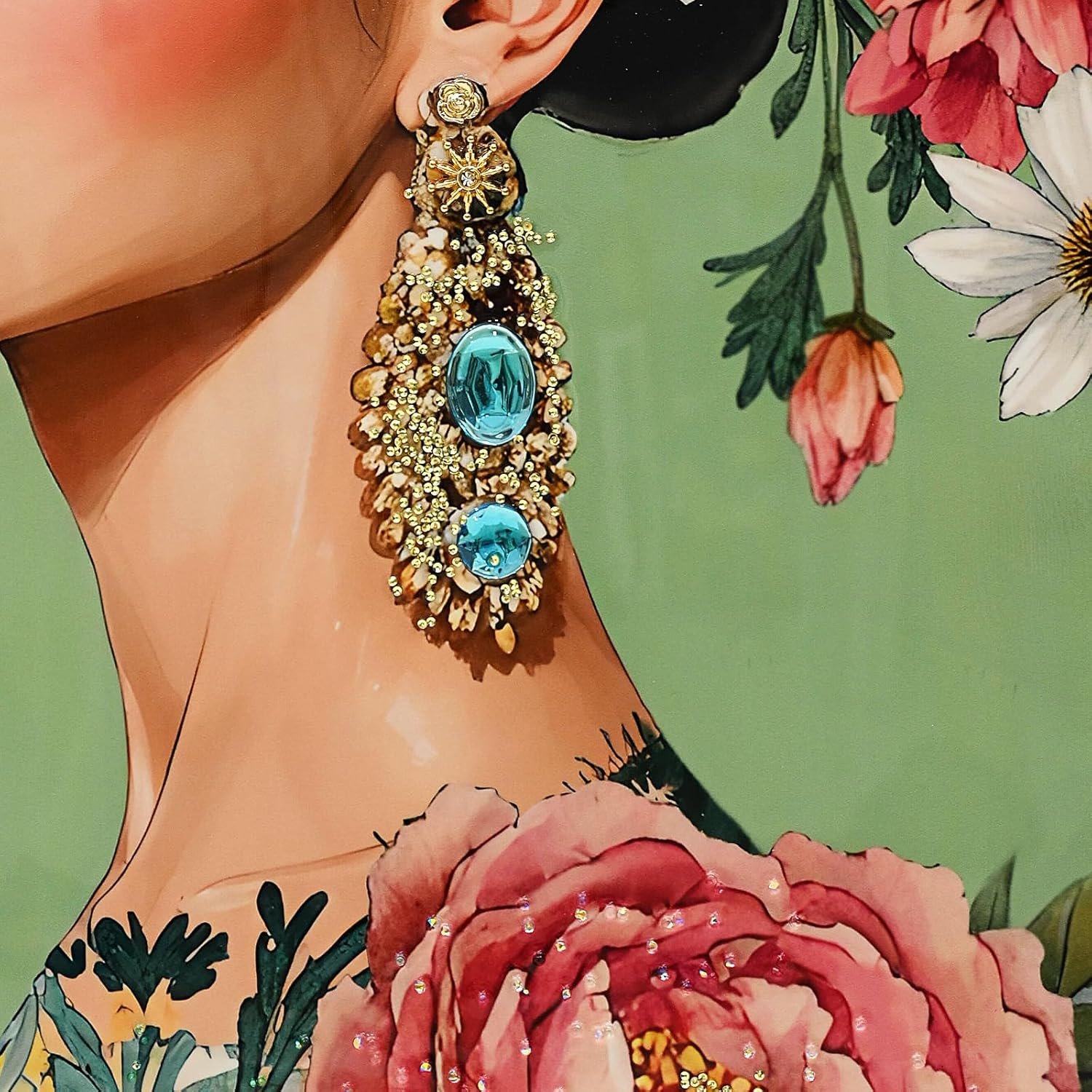 YPGEAME Large Handmade Portrait Wall Picture Woman with Cactus Headdress, Emerald Green Background, Floral Bohemian Decoration, Wooden Framed Painting for Living Room (80 × 120 cm) (Pink) - Image 3