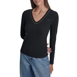 DKNY Women’s V-Neck Rhinestones Knit Top