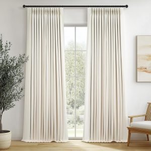 Topfinel 96 Inches Long Pinch Pleated 100% Blackout Curtains,Thermal Insulated Brich Linen Pinch Pleat Viral Drapes with Hooks Rings 2 Panel Sets,Neutral Cream Ivory 8FT Back Tab Window Curtains